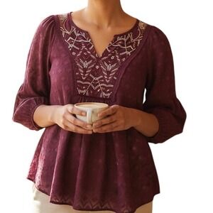 One September Womens Tunic Top Blouse Embroidered Embellished Plum Purple S Boho